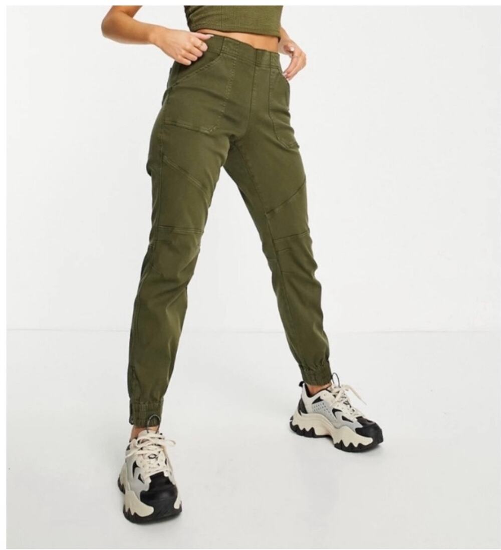 Spanx Pants Womens Large Green Stretch Twill Jogger Utility Travel Ankle Zip